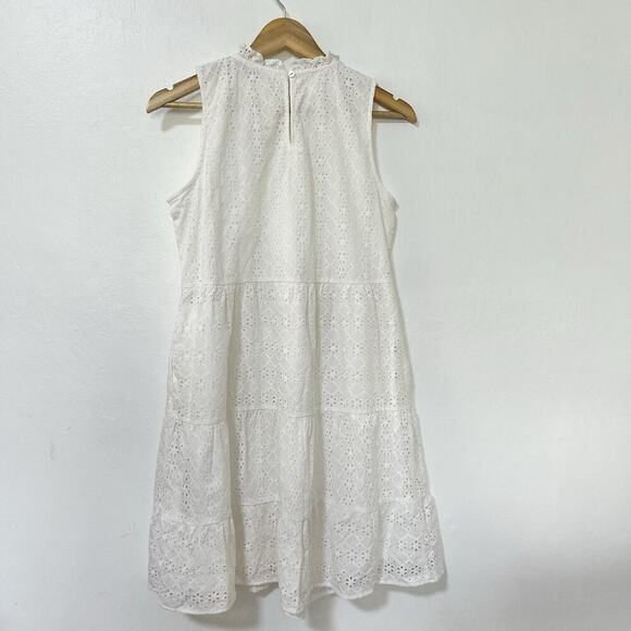 LOFT Cotton Eyelet Tiered Knee Length Dress Size S White Beachy Summer Romantic - Picture 3 of 9
